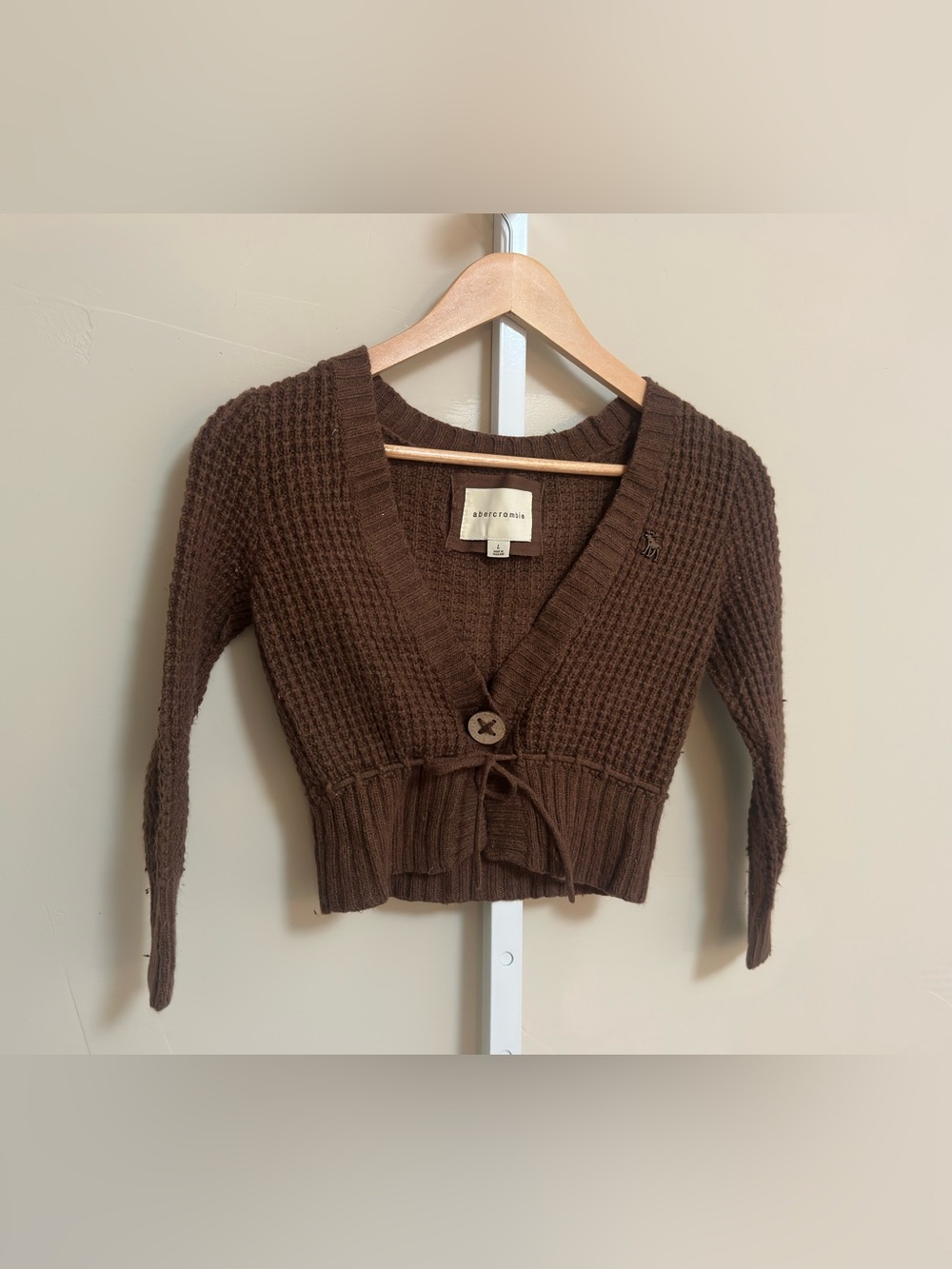 2000s Abercrombie Size L Brown Waffle Knit Tie Waist Cardigan Y2K moose